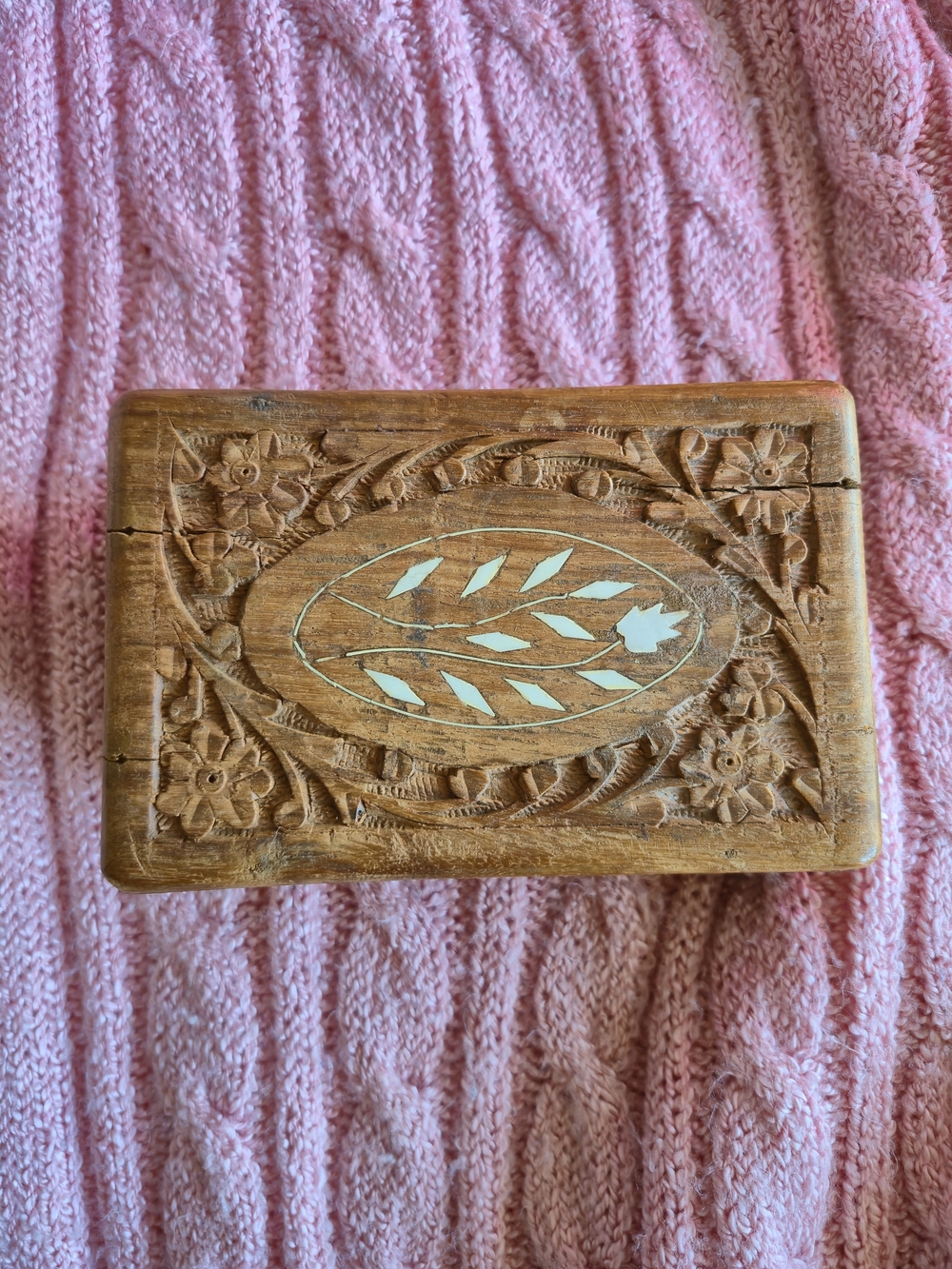 Vintage Hand-Carved Wooden Inlay Trinket Box - Made In India